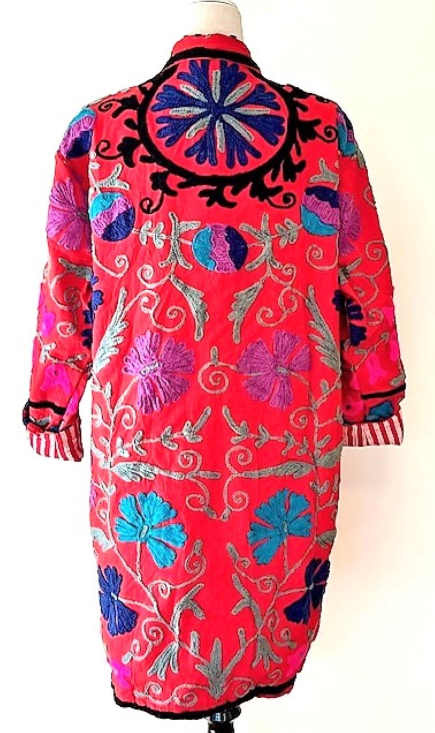 Stroller Length Suzani Jacket Available In Two Colors. Stripe Lining Is Sophisticated