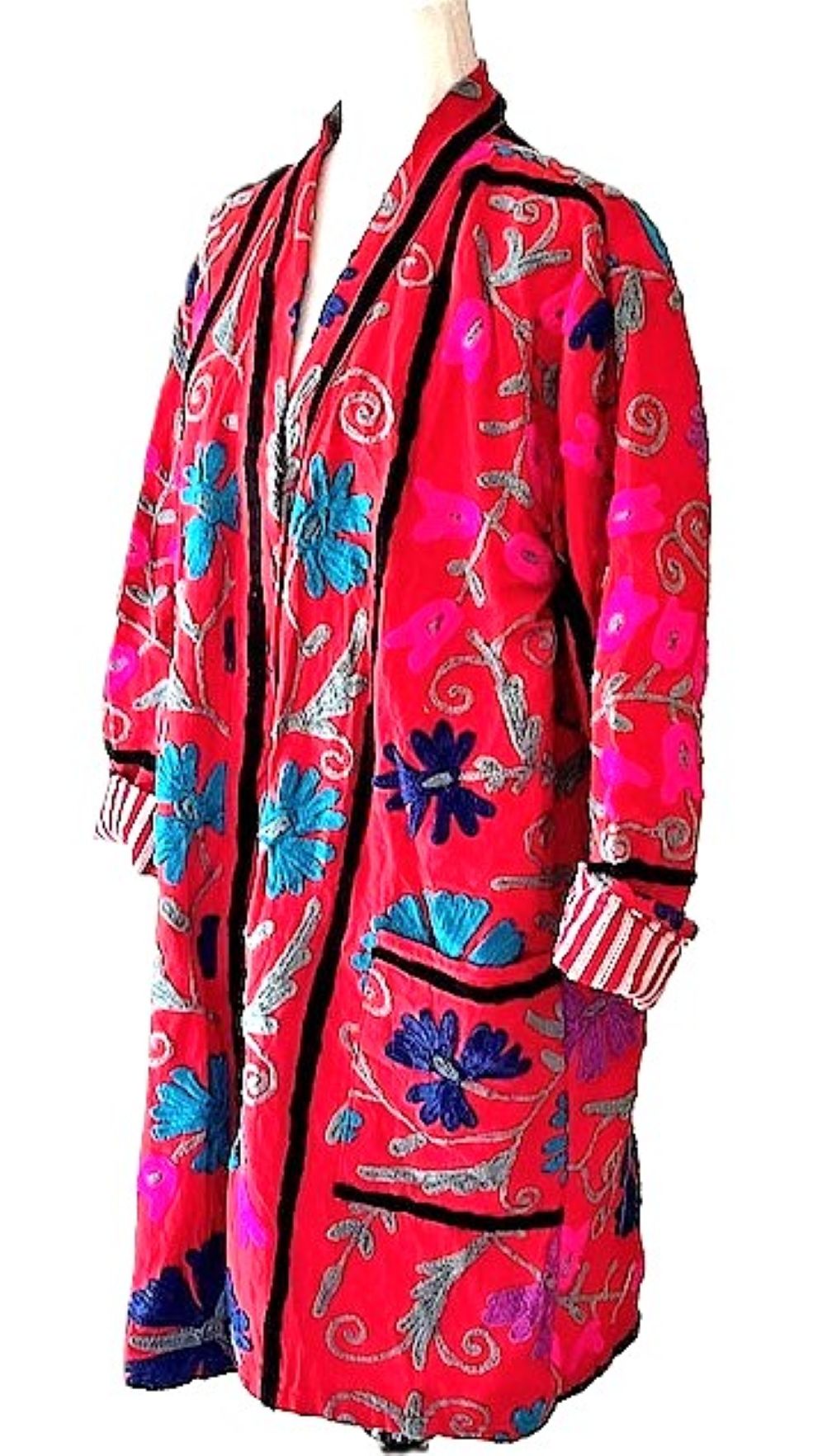 Stroller Length Suzani Jacket Available In Two Colors. Stripe Lining Is Sophisticated