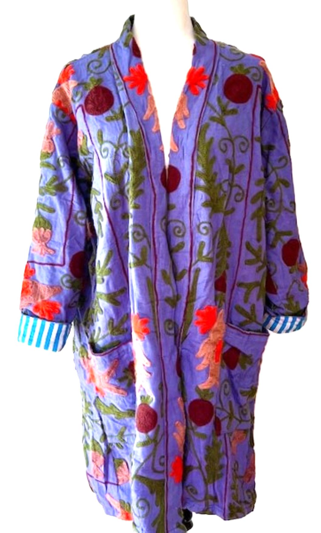 Stroller Length Suzani Jacket Available In Two Colors. Stripe Lining Is Sophisticated