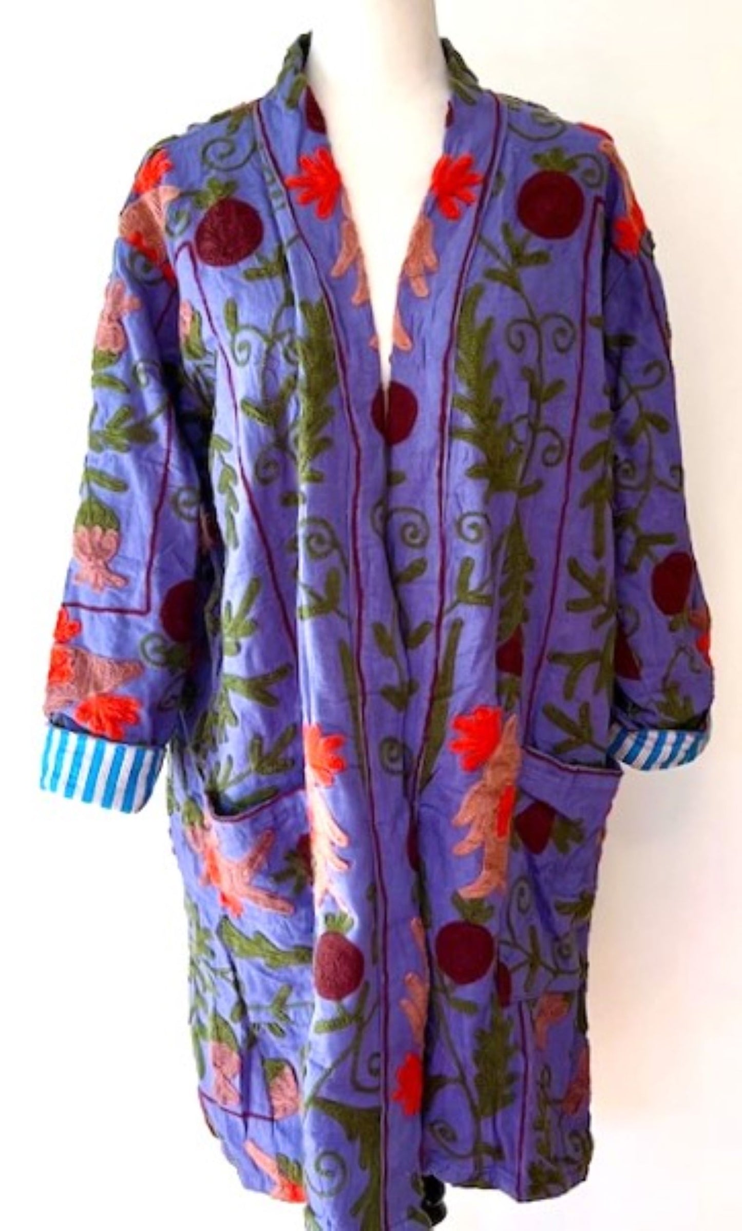 Wearable Art: Hand Embroidered Stroller Length Jacket With Belt, Deep Purple