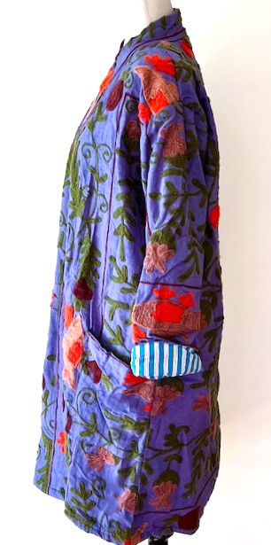Wearable Art: Hand Embroidered Stroller Length Jacket With Belt, Deep Purple