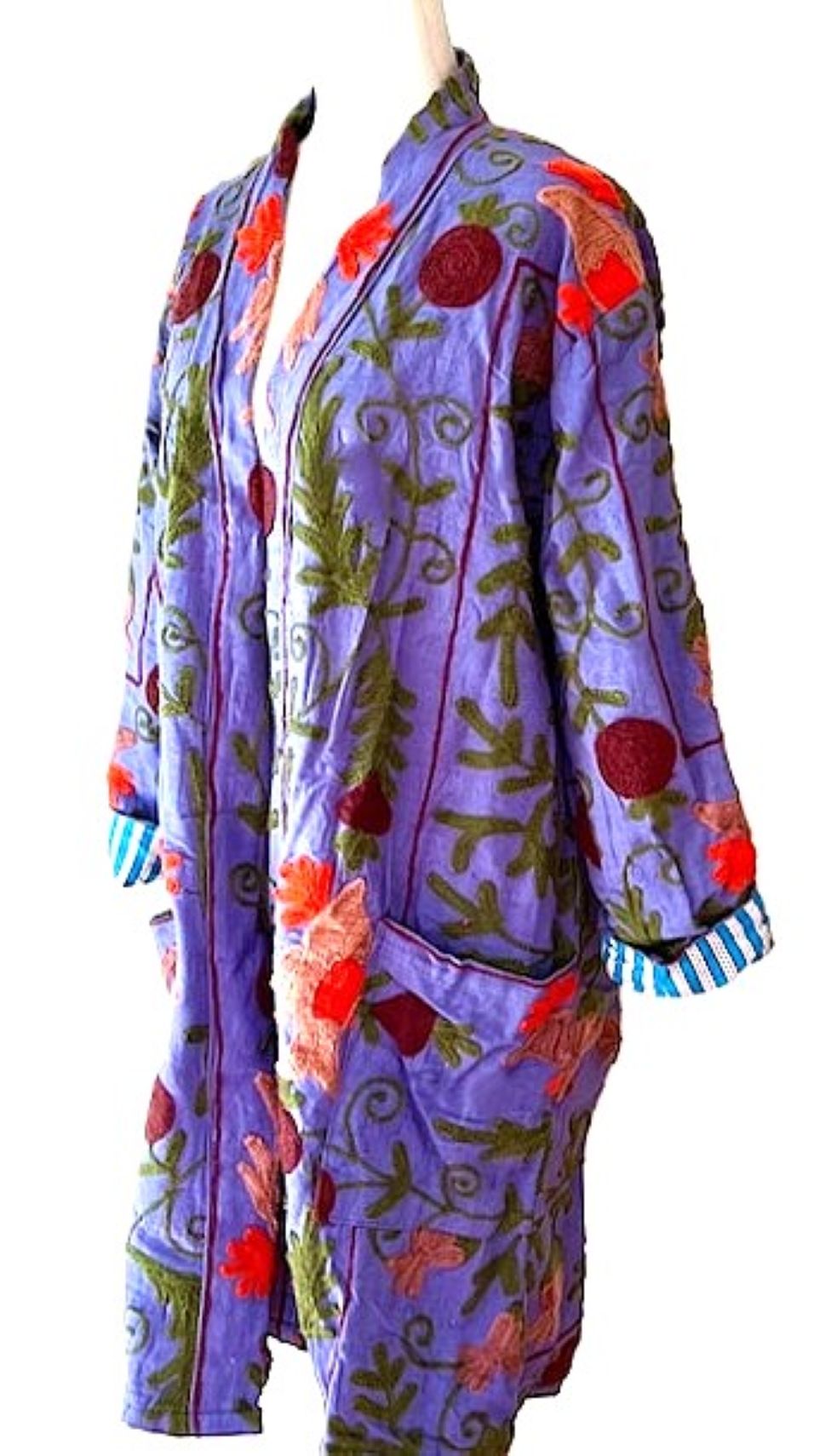 Stroller Length Suzani Jacket Available In Two Colors. Stripe Lining Is Sophisticated