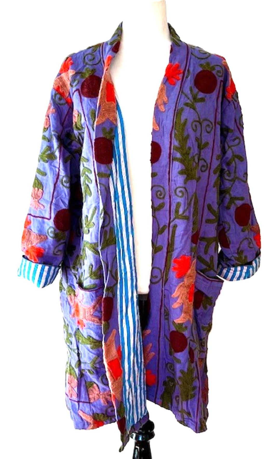 Stroller Length Suzani Jacket Available In Two Colors. Stripe Lining Is Sophisticated