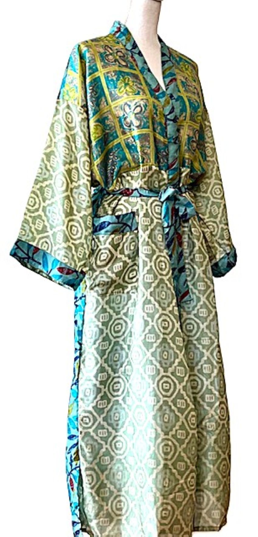 Long Silk Kimono Duster, Dramatic Mixed Prints.(Avocado and Aqua)
