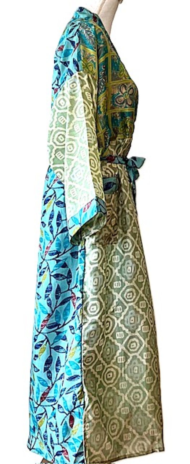 Long Silk Kimono Duster, Dramatic Mixed Prints.(Avocado and Aqua)