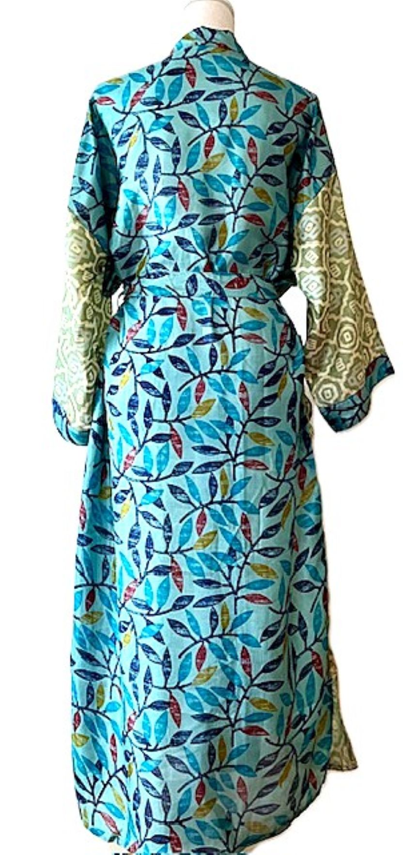 Long Silk Kimono Duster, Dramatic Mixed Prints.(Avocado and Aqua)