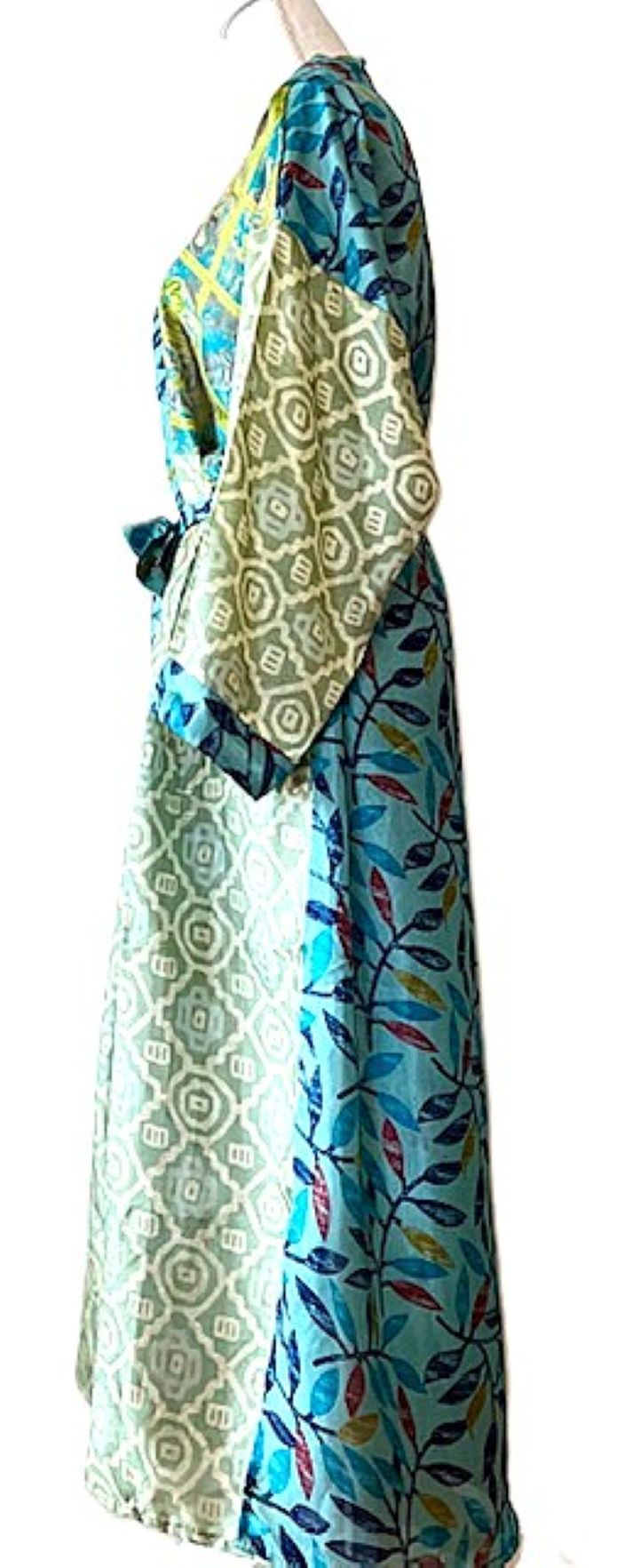 Long Silk Kimono Duster, Dramatic Mixed Prints.(Avocado and Aqua)