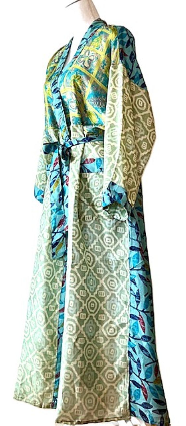 Long Silk Kimono Duster, Dramatic Mixed Prints.(Avocado and Aqua)