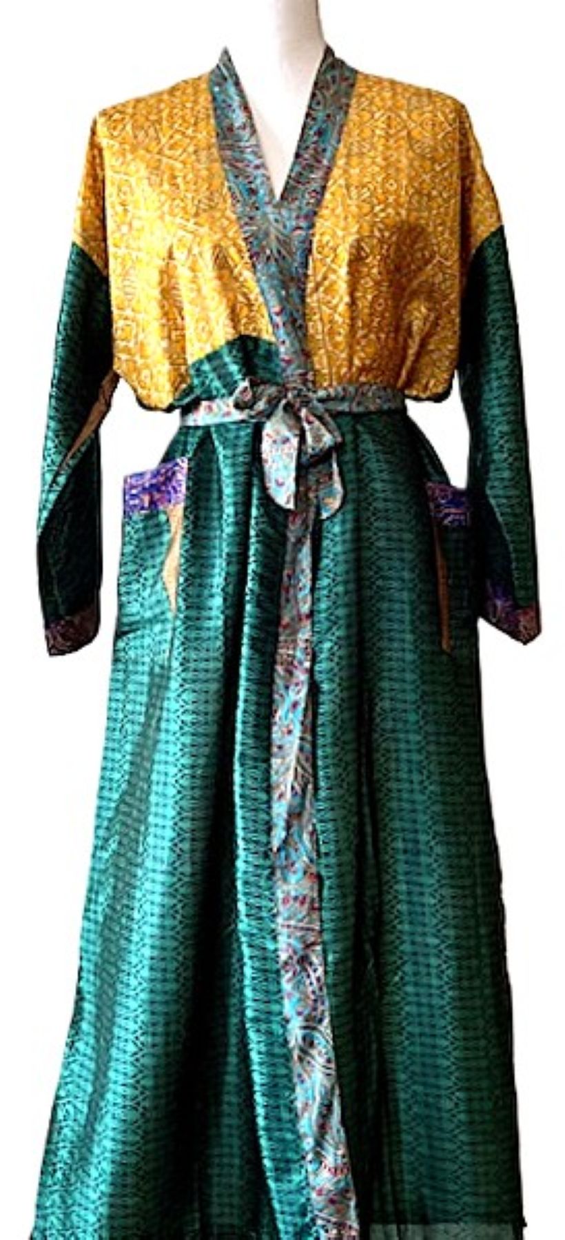 Long Silk Kimono Duster, Dramatic Two Tone And Elegant (Emerald)