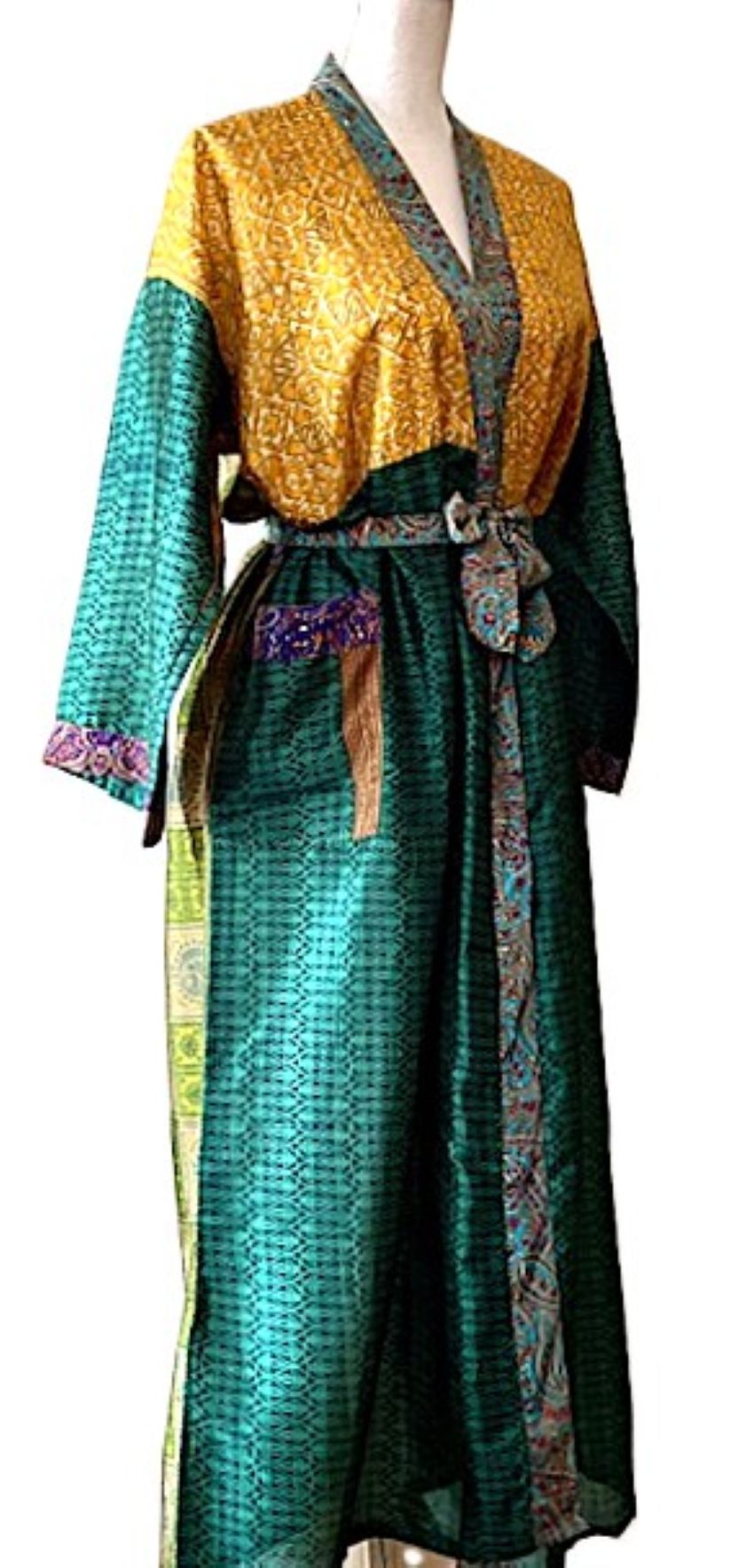Long Silk Kimono Duster, Dramatic Two Tone And Elegant (Emerald)