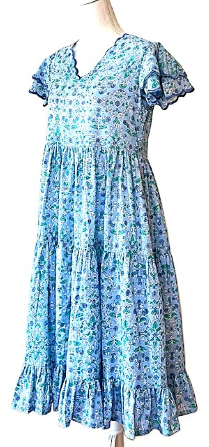 Short Delicate Block Print Cotton Dress Has An Element of Elegance. (Blue)