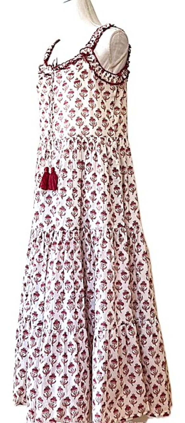 Flaired Floral Three Tier Maxi Dress Handprinted (Rosewood)