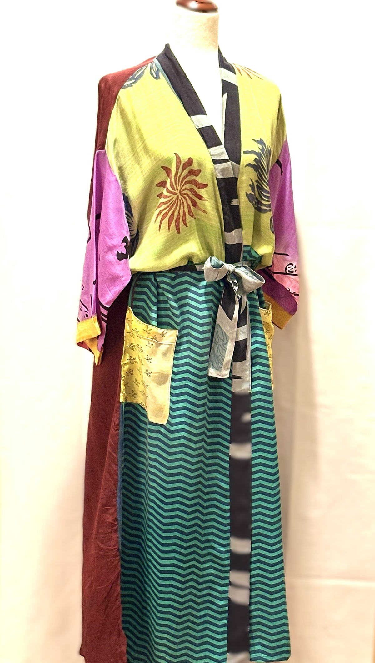 Long Silk Kimono Duster, Dramatic Two Tone And Elegant