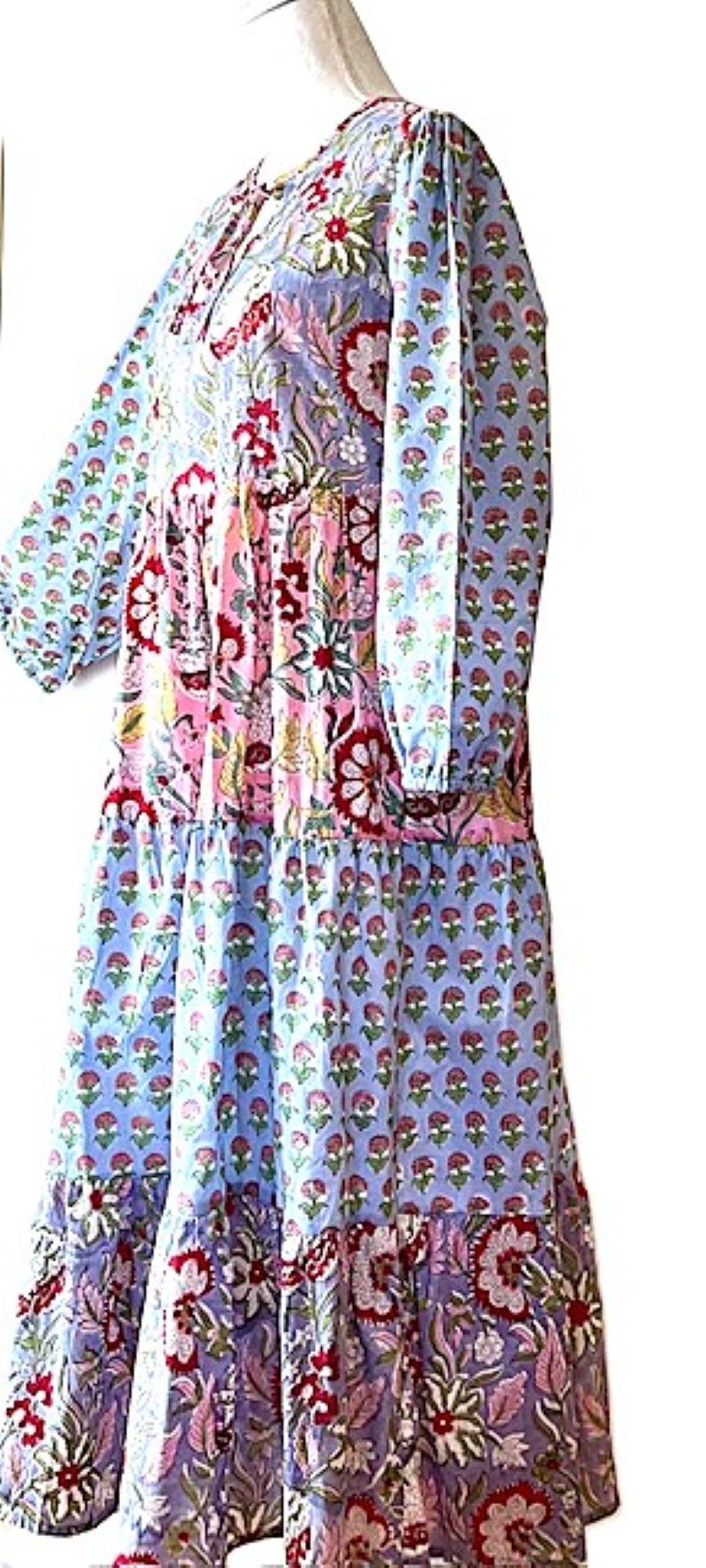 Long Cotton Handmade Dress With Mixed Print Tiers