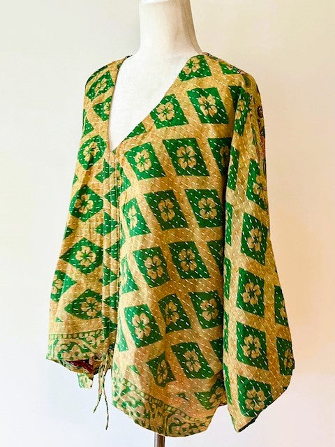 Kantha Bae Cotton Butterfly Top (Green and Mustard)