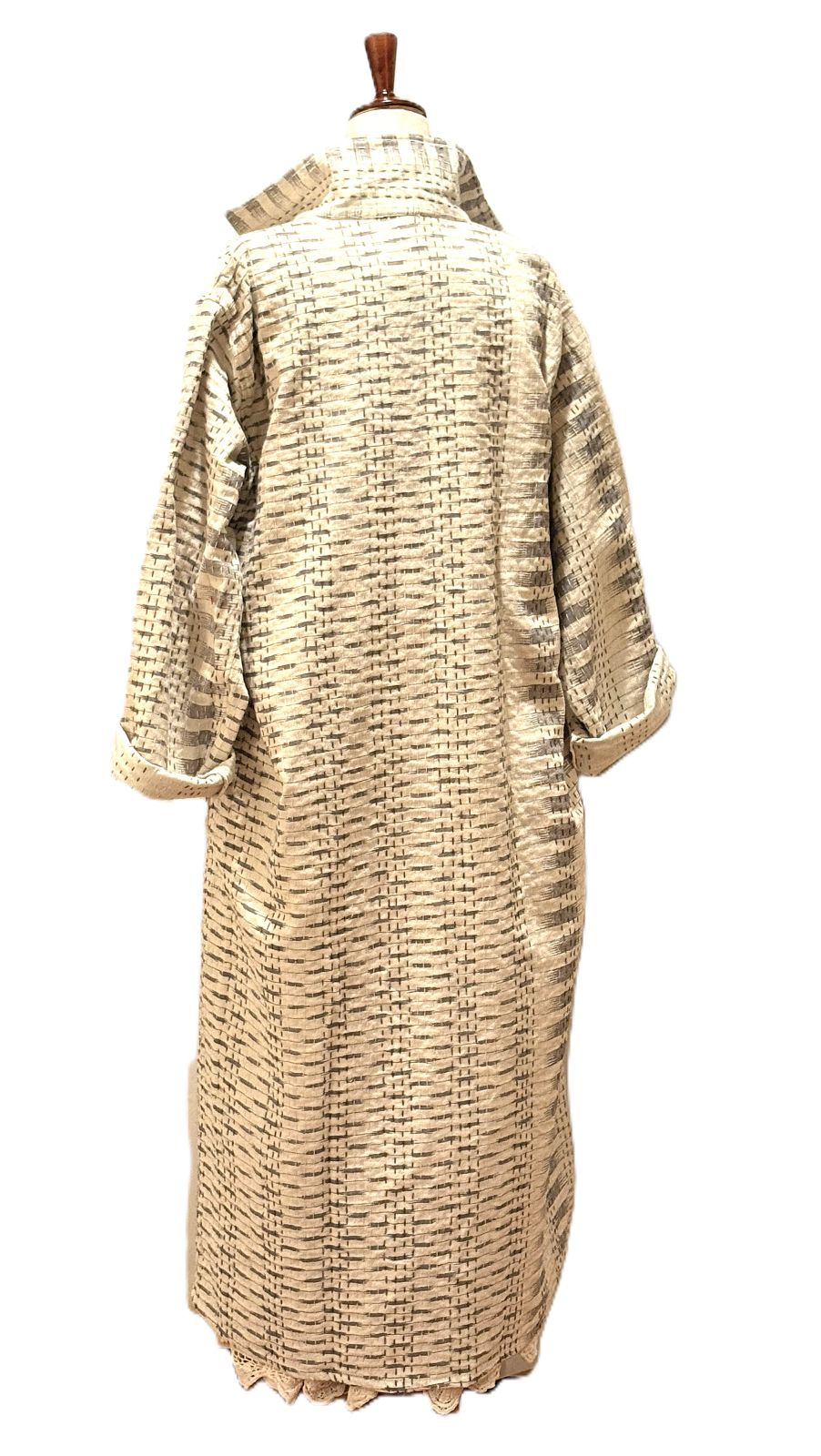 Hand Printed And Kantha Embroidered Long Jacket, Fully Reversible Encompasses All Seasons (Cream)