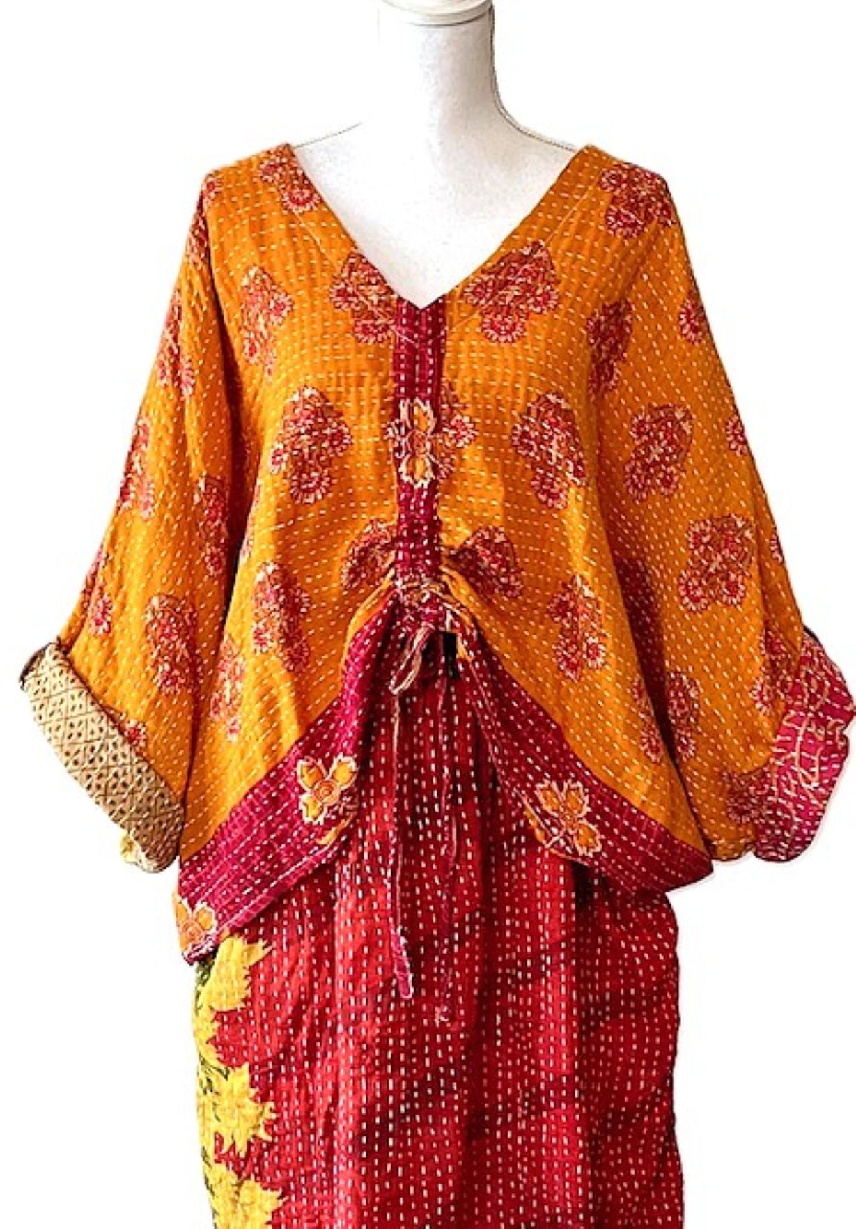 Kantha Bae Cotton Artisan Butterfly Top (Red and Orange)
