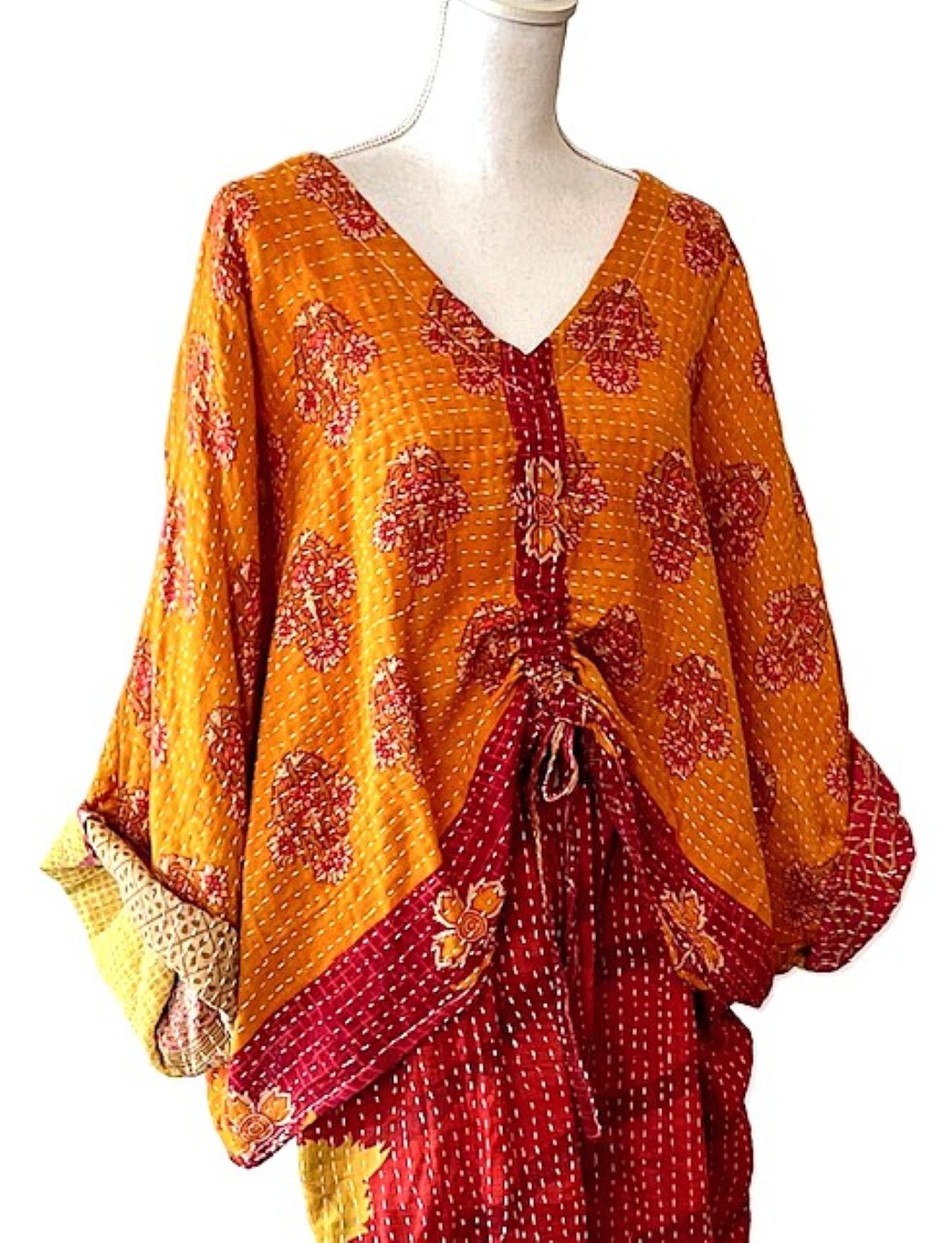 Kantha Bae Cotton Artisan Butterfly Top (Red and Orange)
