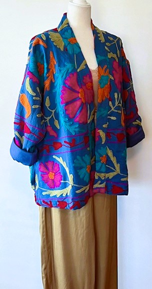 Wearable Art: Hand Embroidered Short Jacket In A Luscious Royal Blue.