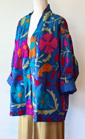 Wearable Art: Hand Embroidered Short Jacket In A Luscious Royal Blue.