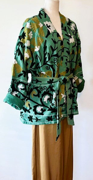 Wearable Art: Hand Embroidered Short Jacket In A Luscious Shade of Green