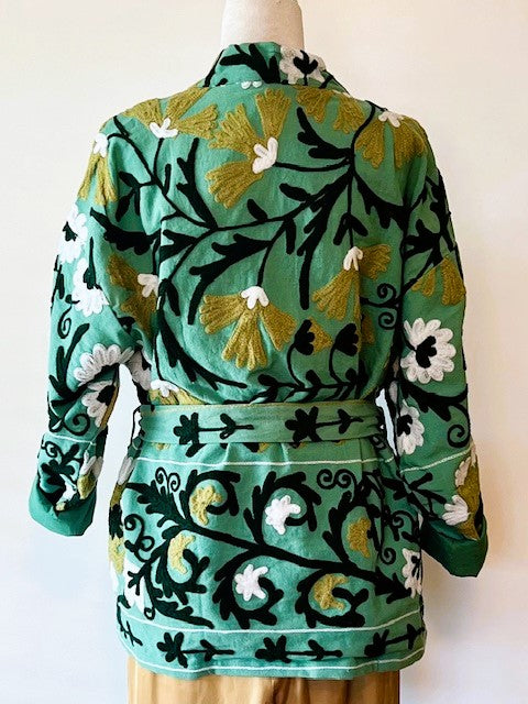 Wearable Art: Hand Embroidered Short Jacket In A Luscious Shade of Green