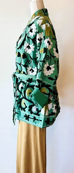Wearable Art: Hand Embroidered Short Jacket In A Luscious Shade of Green
