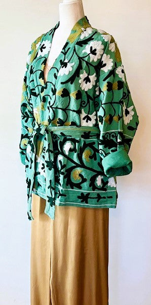 Wearable Art: Hand Embroidered Short Jacket In A Luscious Shade of Green