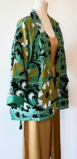 Wearable Art: Hand Embroidered Short Jacket In A Luscious Shade of Green