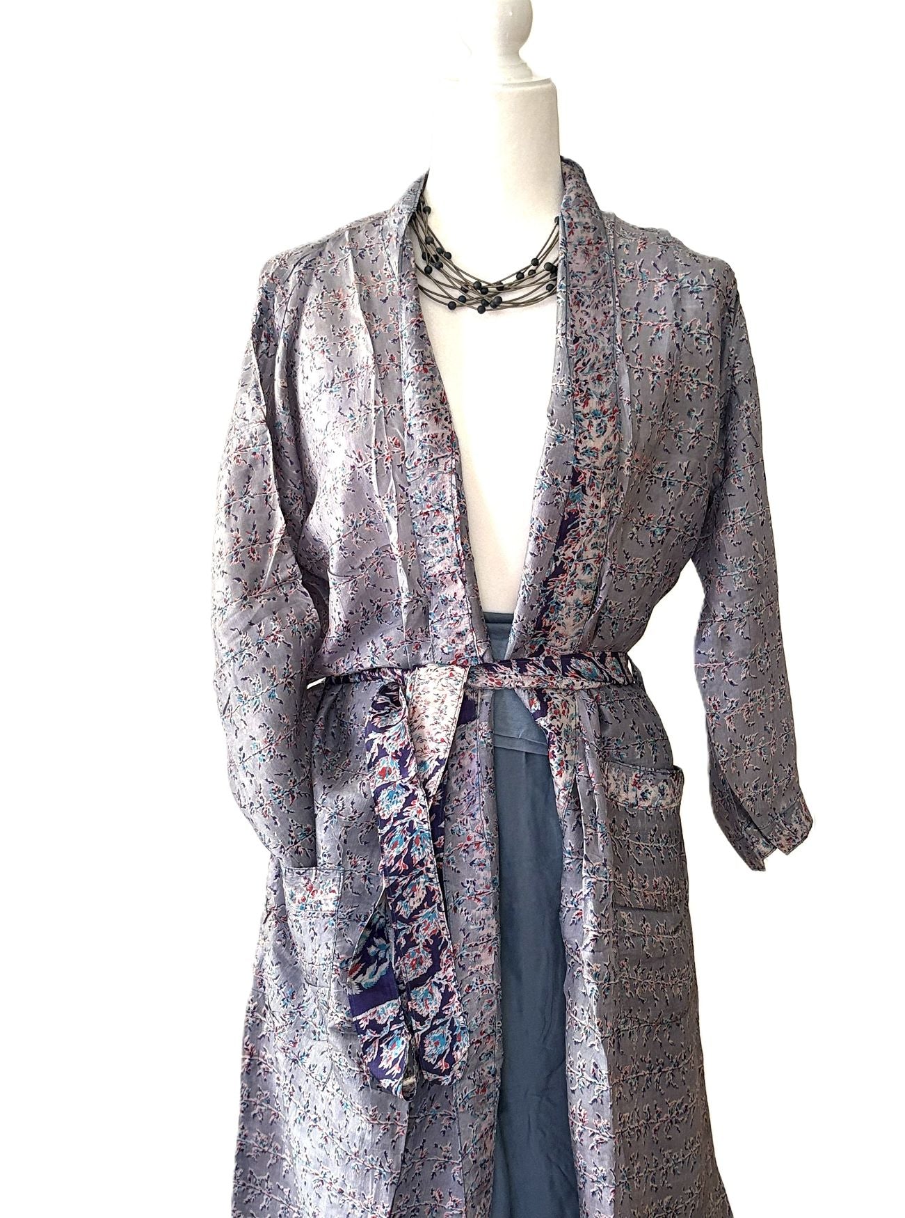 Lightweight Silk Midi Kimono Summer Top Layer.(Silver Blue)