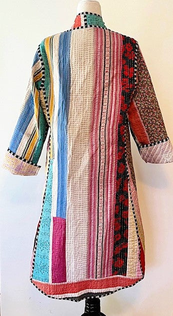 Specialty Collection: Mid Length Designer Jacket Is New and Fully Reversible. Kantha Stitching In Bold Stripes