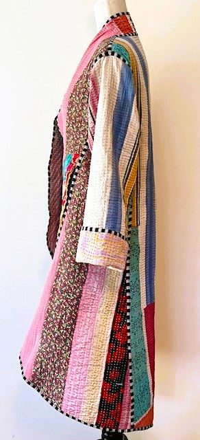 Specialty Collection: Mid Length Designer Jacket Is New and Fully Reversible. Kantha Stitching In Bold Stripes