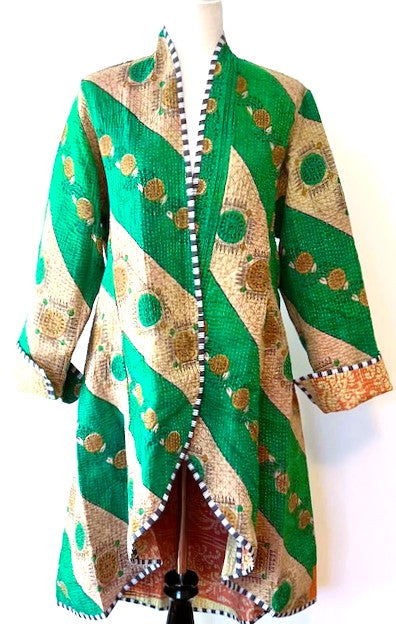 Tulip Cut Designer Waist Coat Is New and Fully Reversible. Kantha Stitching. Emerald and Honey