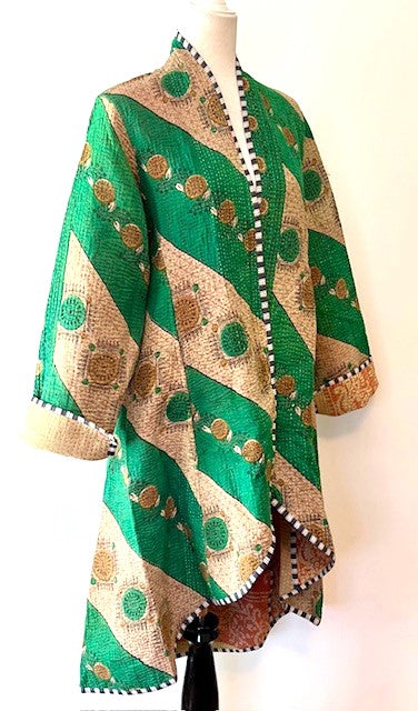 Tulip Cut Designer Waist Coat Is New and Fully Reversible. Kantha Stitching. Emerald and Honey