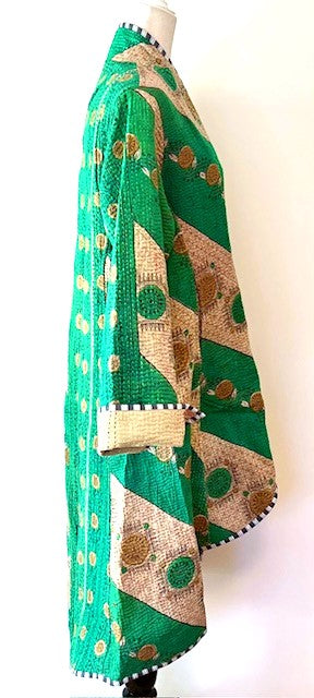 Tulip Cut Designer Waist Coat Is New and Fully Reversible. Kantha Stitching. Emerald and Honey