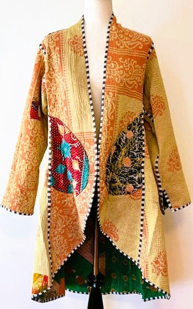 Tulip Cut Designer Waist Coat Is New and Fully Reversible. Kantha Stitching. Emerald and Honey