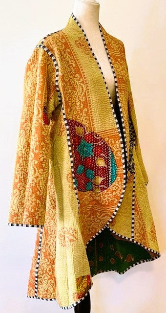 Tulip Cut Designer Waist Coat Is New and Fully Reversible. Kantha Stitching. Emerald and Honey