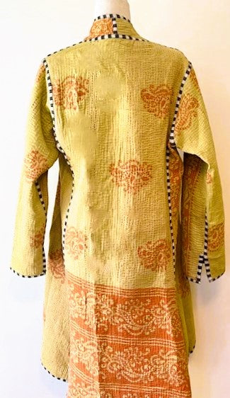 Tulip Cut Designer Waist Coat Is New and Fully Reversible. Kantha Stitching. Emerald and Honey