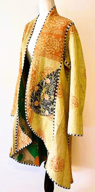 Tulip Cut Designer Waist Coat Is New and Fully Reversible. Kantha Stitching. Emerald and Honey
