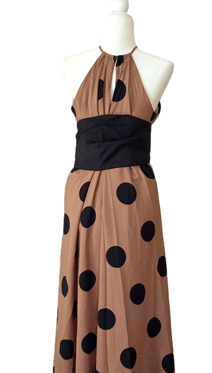 Dresses: Chic Polka Dot Midi With Cut In Shoulders (Brown Black)