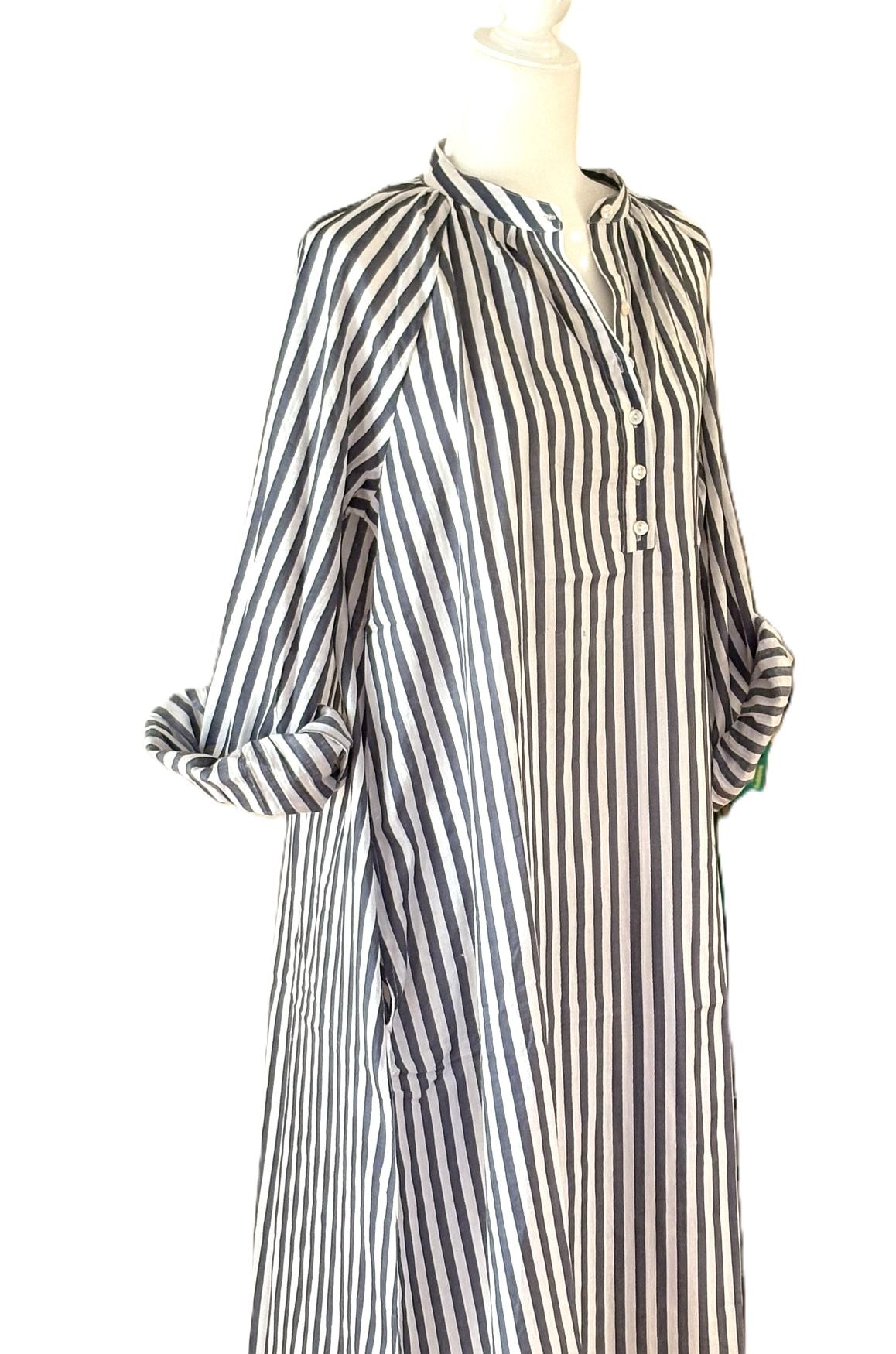Hand Block Printed Cotton Shirtdress: Vertical Stripes, Work-to-Play Midi (2 Colors)