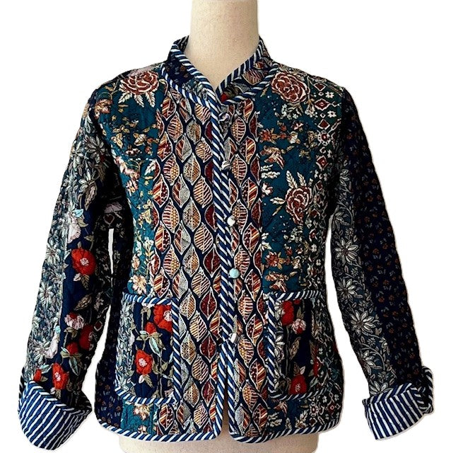 Luxe Reversible Cotton Quilted Womens Jacket With Stripe Piping. (Multi Navy)