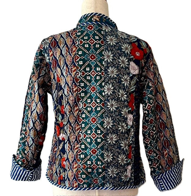 Luxe Reversible Cotton Quilted Womens Jacket With Stripe Piping. (Multi Navy)