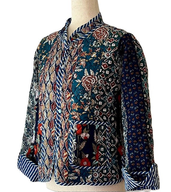 Luxe Reversible Cotton Quilted Womens Jacket With Stripe Piping. (Multi Navy)