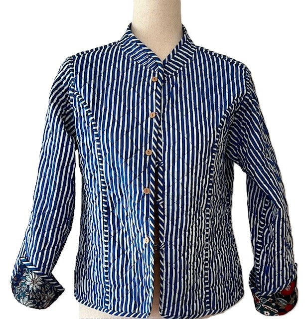 Luxe Reversible Cotton Quilted Womens Jacket With Stripe Piping. (Multi Navy)