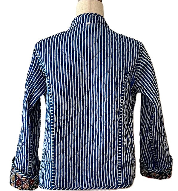 Luxe Reversible Cotton Quilted Womens Jacket With Stripe Piping. (Multi Navy)
