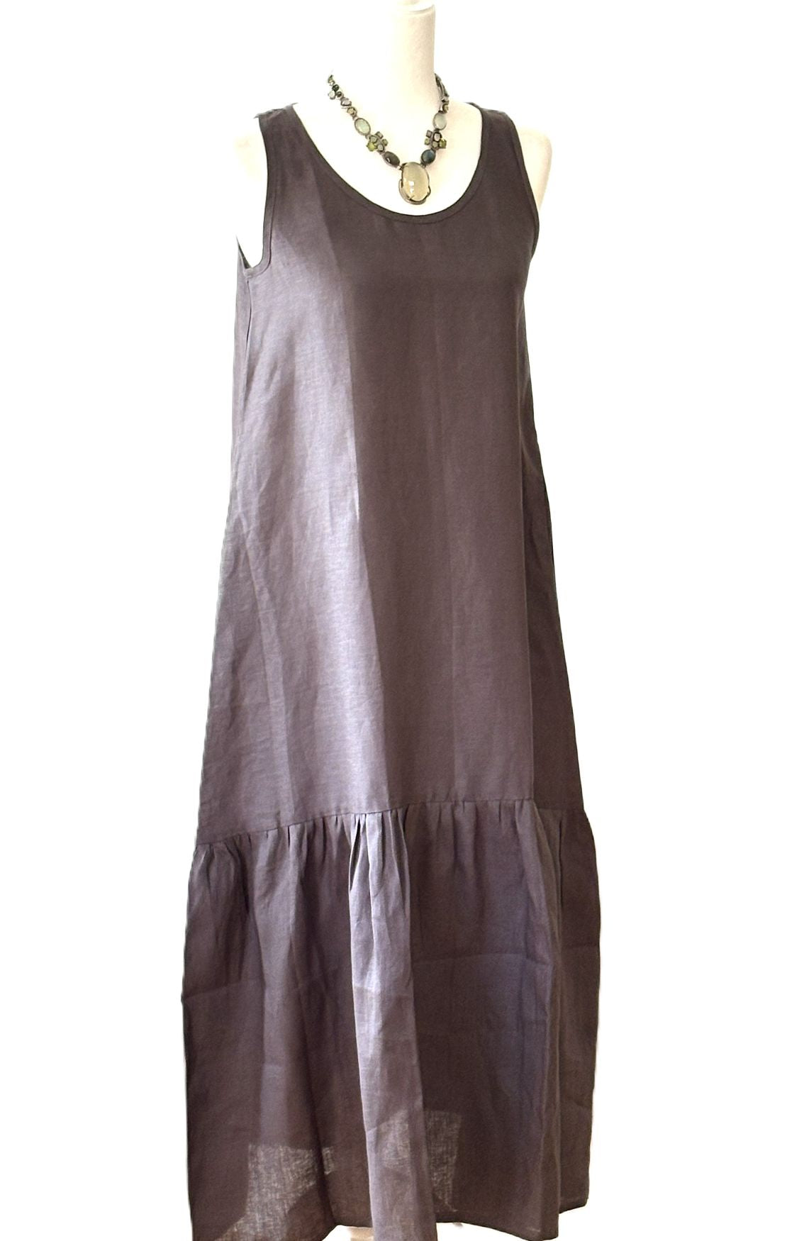Dresses: Tailored Linen Sleeveless Midi Is Sophisticated With A Drop Ruffle (Slate)
