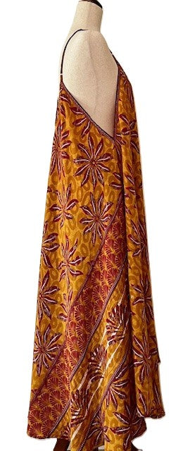Kantha Bae Flowing Silk Slip Dress (Maroon Flowers)