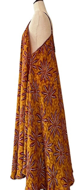 Kantha Bae Flowing Silk Slip Dress (Maroon Flowers)