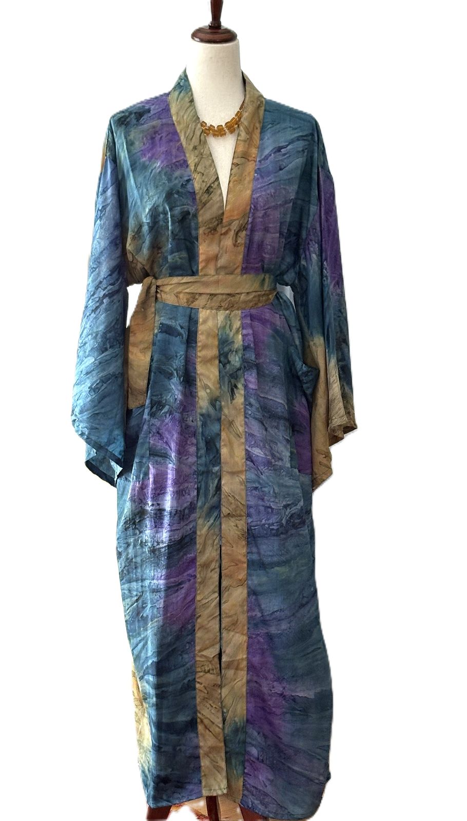 Traditional Long Silk Kimono Duster In A Watercolor Print (Blue)